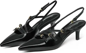 MUCCCUTE Kitten Heels for Women Pointed Toe Slingback Low Heels with Buckle Strap Heeled Pumps