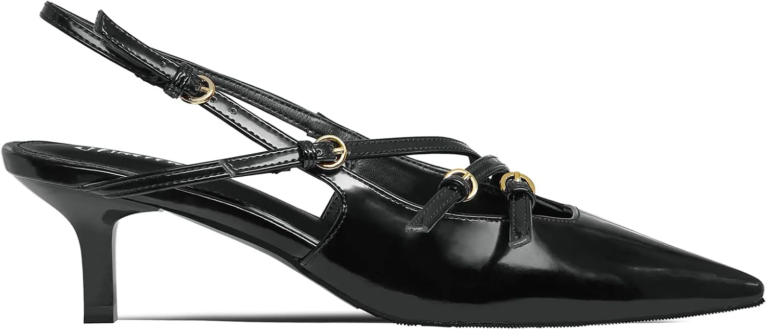 MUCCCUTE Kitten Heels for Women Pointed Toe Slingback Low Heels with Buckle Strap Heeled Pumps