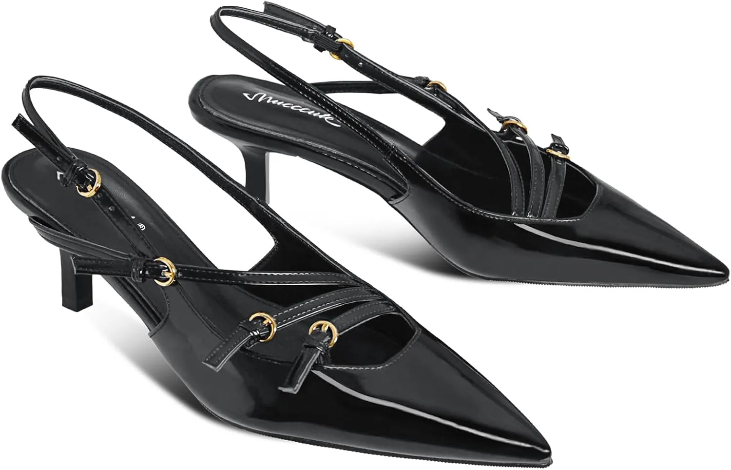 MUCCCUTE Kitten Heels for Women Pointed Toe Slingback Low Heels with Buckle Strap Heeled Pumps