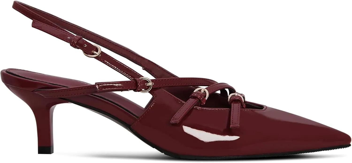 MUCCCUTE Kitten Heels for Women Pointed Toe Slingback Low Heels with Buckle Strap Heeled Pumps