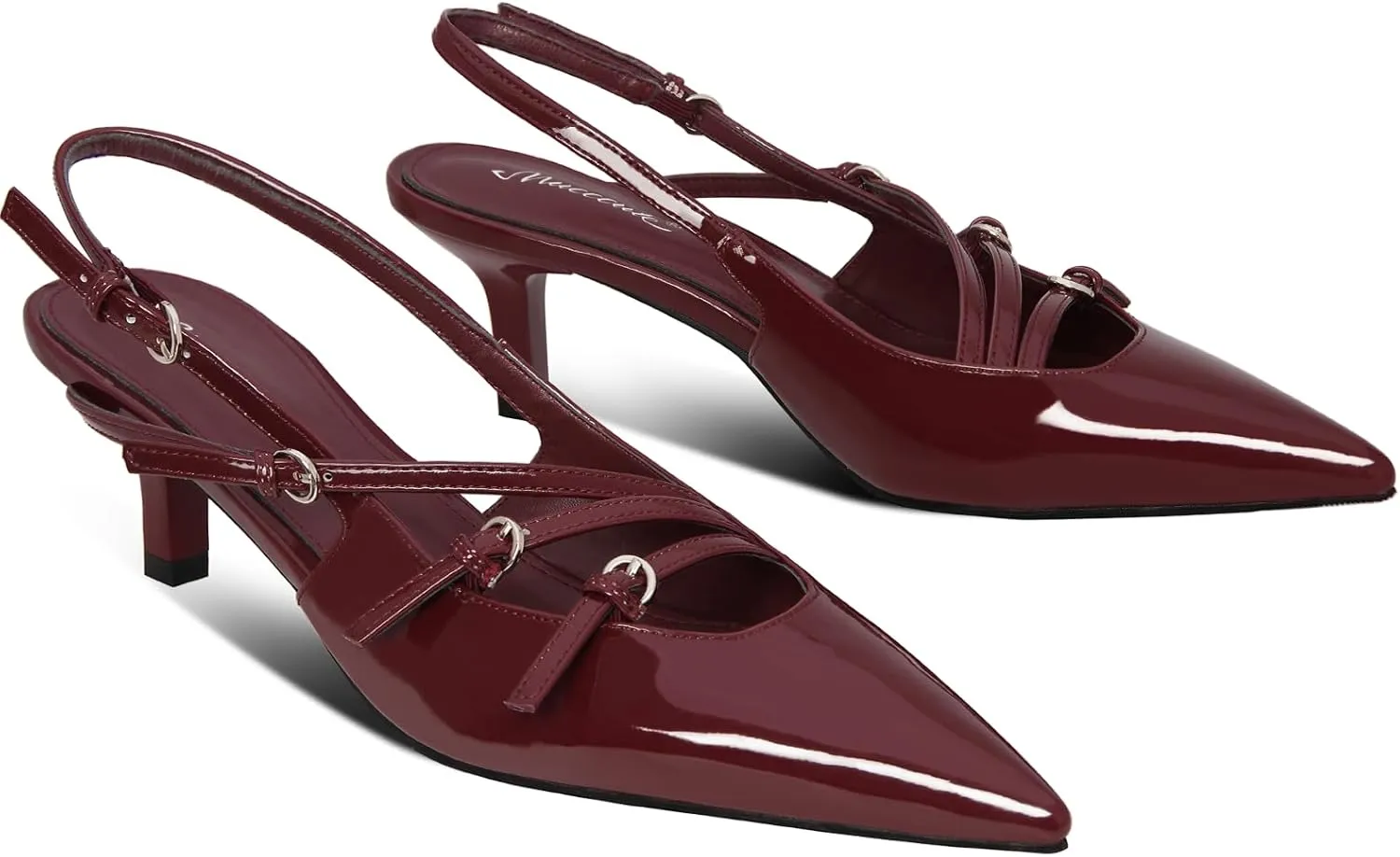 MUCCCUTE Kitten Heels for Women Pointed Toe Slingback Low Heels with Buckle Strap Heeled Pumps