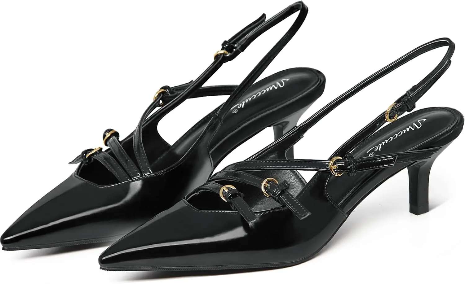 MUCCCUTE Kitten Heels for Women Pointed Toe Slingback Low Heels with Buckle Strap Heeled Pumps