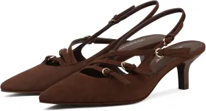 MUCCCUTE Kitten Heels for Women Pointed Toe Slingback Low Heels with Buckle Strap Heeled Pumps