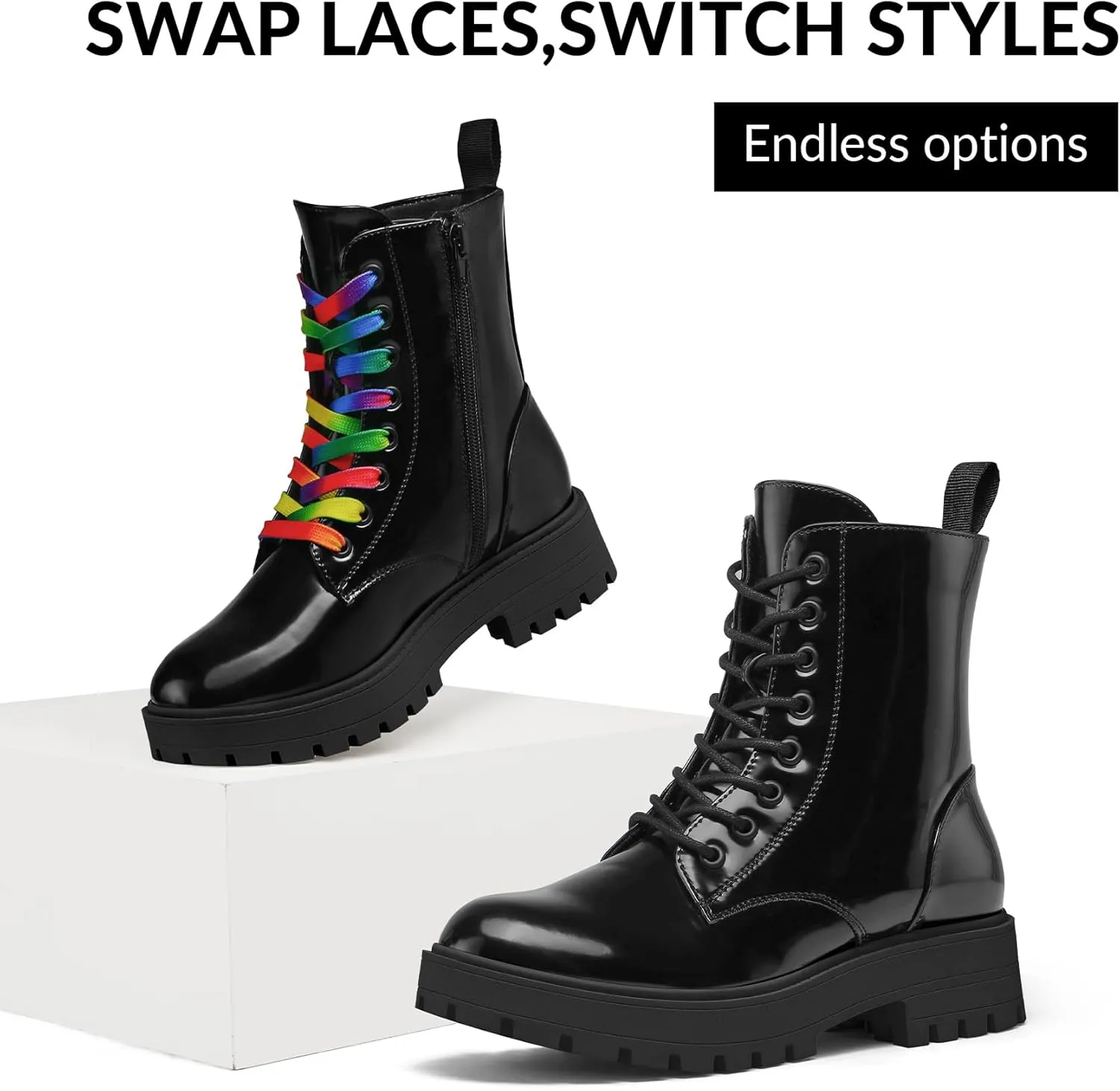 mysoft Women's Combat Boots Lace-Up Platform Ankle Booties Chunky Low Heel Side Zipper Shoes