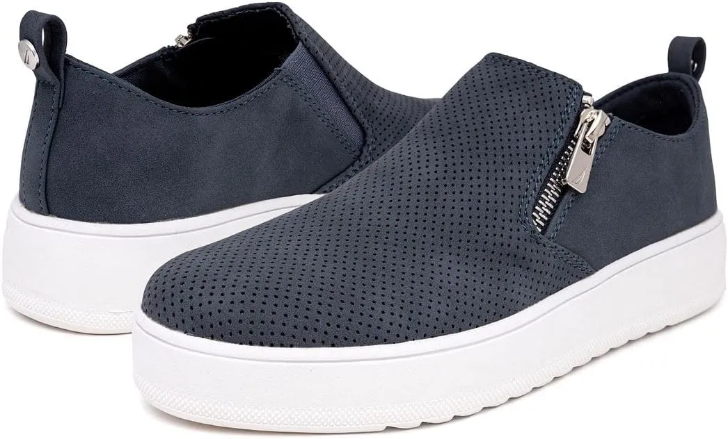 Nautica Women's Zipper Slip-On Oxford Sneakers, Low-Top Fashion Sneakers for Casual Walking