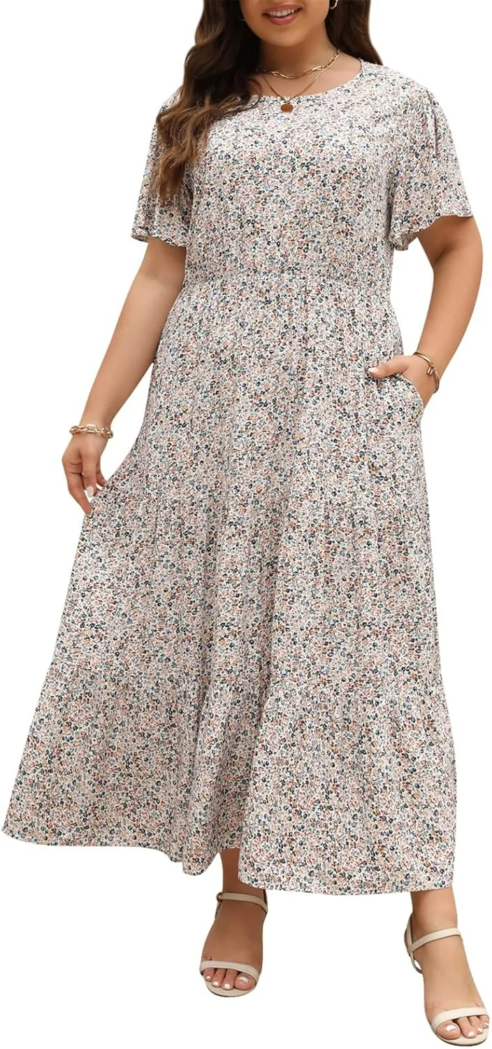 Nemidor Plus Size Maxi Dresses for Curvy Women Summer Casual Boho Ditsy Floral Print Layered Flared Long Dress with Pocket