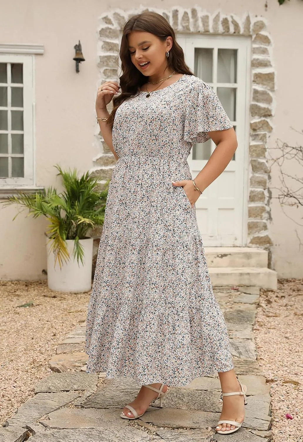 Nemidor Plus Size Maxi Dresses for Curvy Women Summer Casual Boho Ditsy Floral Print Layered Flared Long Dress with Pocket