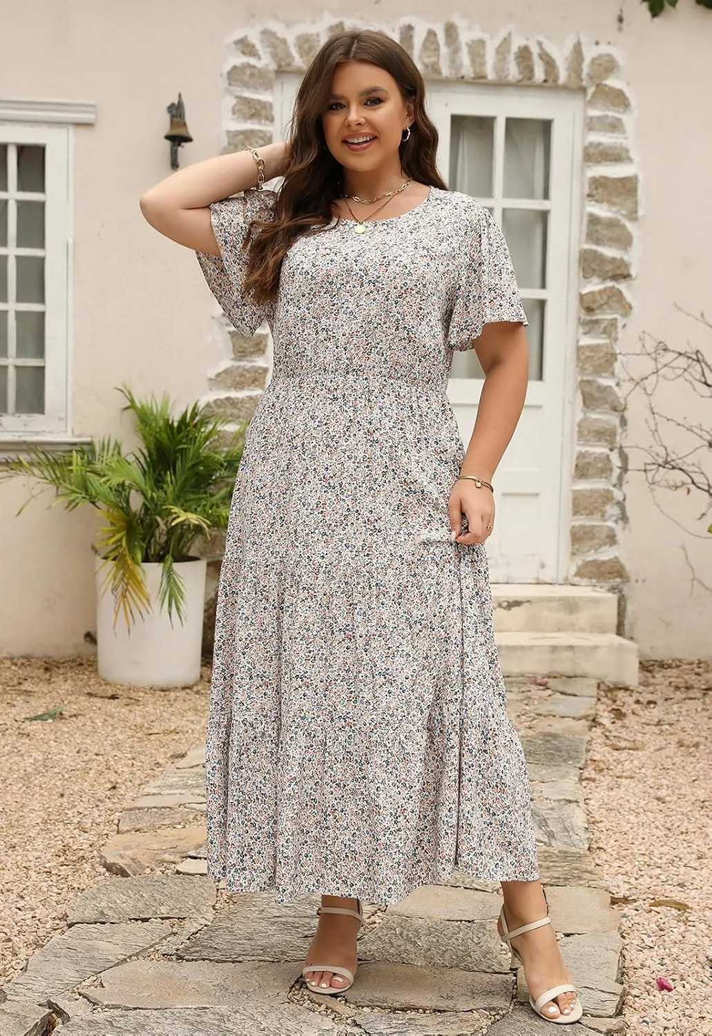 Nemidor Plus Size Maxi Dresses for Curvy Women Summer Casual Boho Ditsy Floral Print Layered Flared Long Dress with Pocket