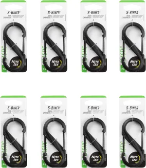 Nite IzeS-Biner Dual Carabiner Plastic - Durable Dual Carabiner with Wire Gate Closure for Organizing Keys & Keychain Attachments - Size 4, Black (8 Pack)