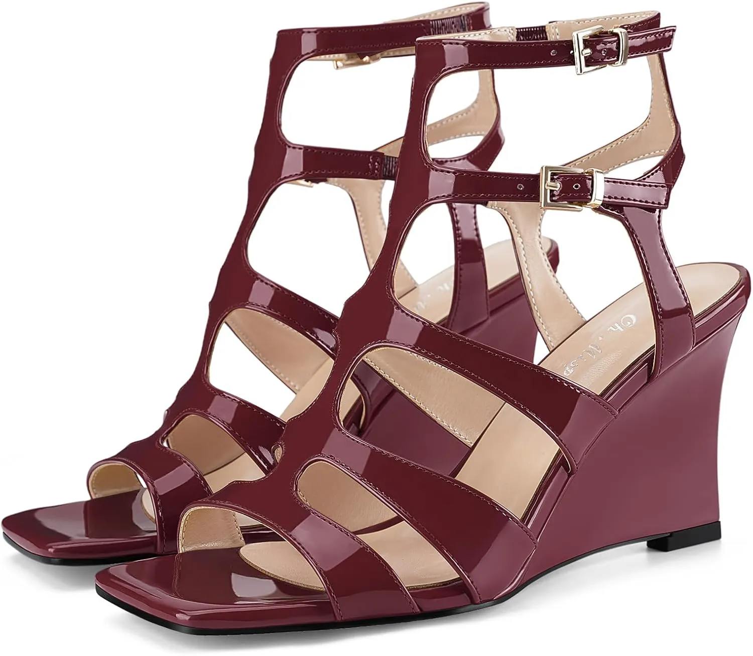 Oh Mispares Gladiator Sandals for Women Square Open Toe T-Strap Wedge Sandals Two Buckle Ankle Strap Heeled Strappy Heels Party Dressy Summer