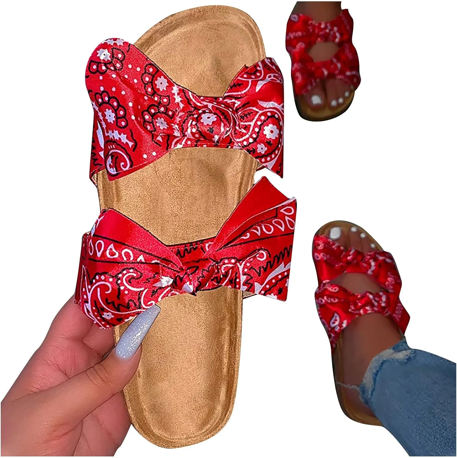 oiangi Bow Flat Sandals for Women Summer Trendy Casual Print Double Strap Open Toe Slip-on Slippers Lightweight Comfortable Beach Shoes Flip Flops