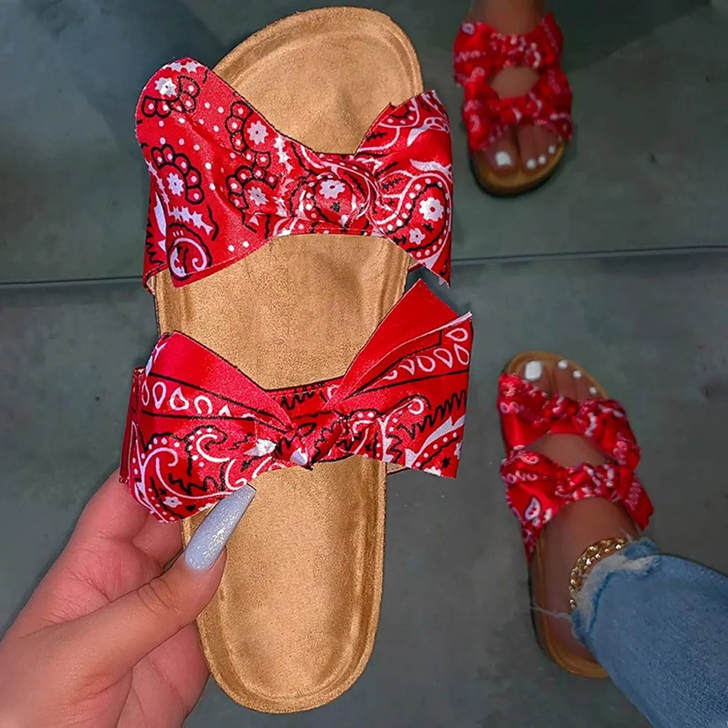 oiangi Bow Flat Sandals for Women Summer Trendy Casual Print Double Strap Open Toe Slip-on Slippers Lightweight Comfortable Beach Shoes Flip Flops
