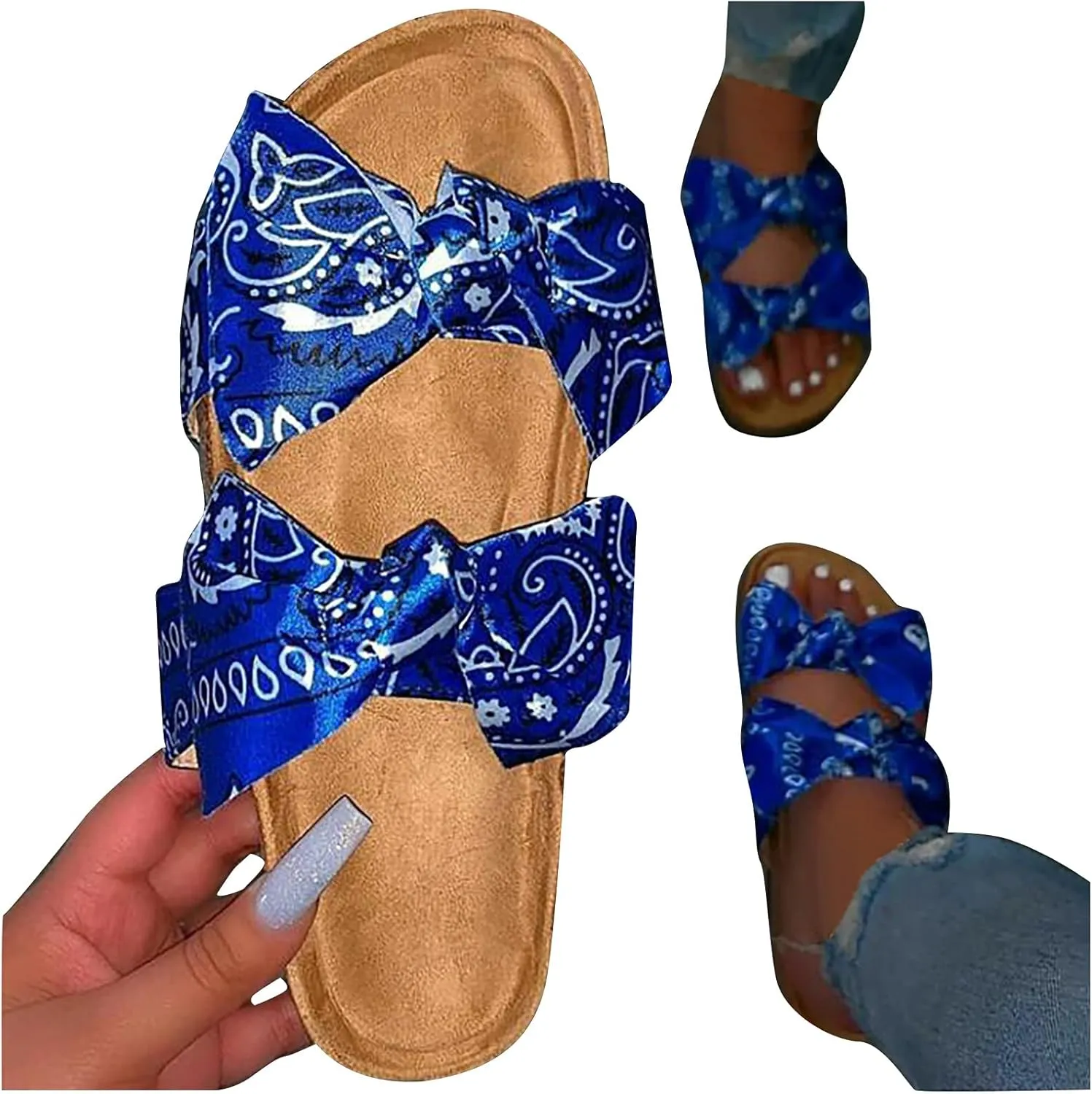oiangi Bow Flat Sandals for Women Summer Trendy Casual Print Double Strap Open Toe Slip-on Slippers Lightweight Comfortable Beach Shoes Flip Flops