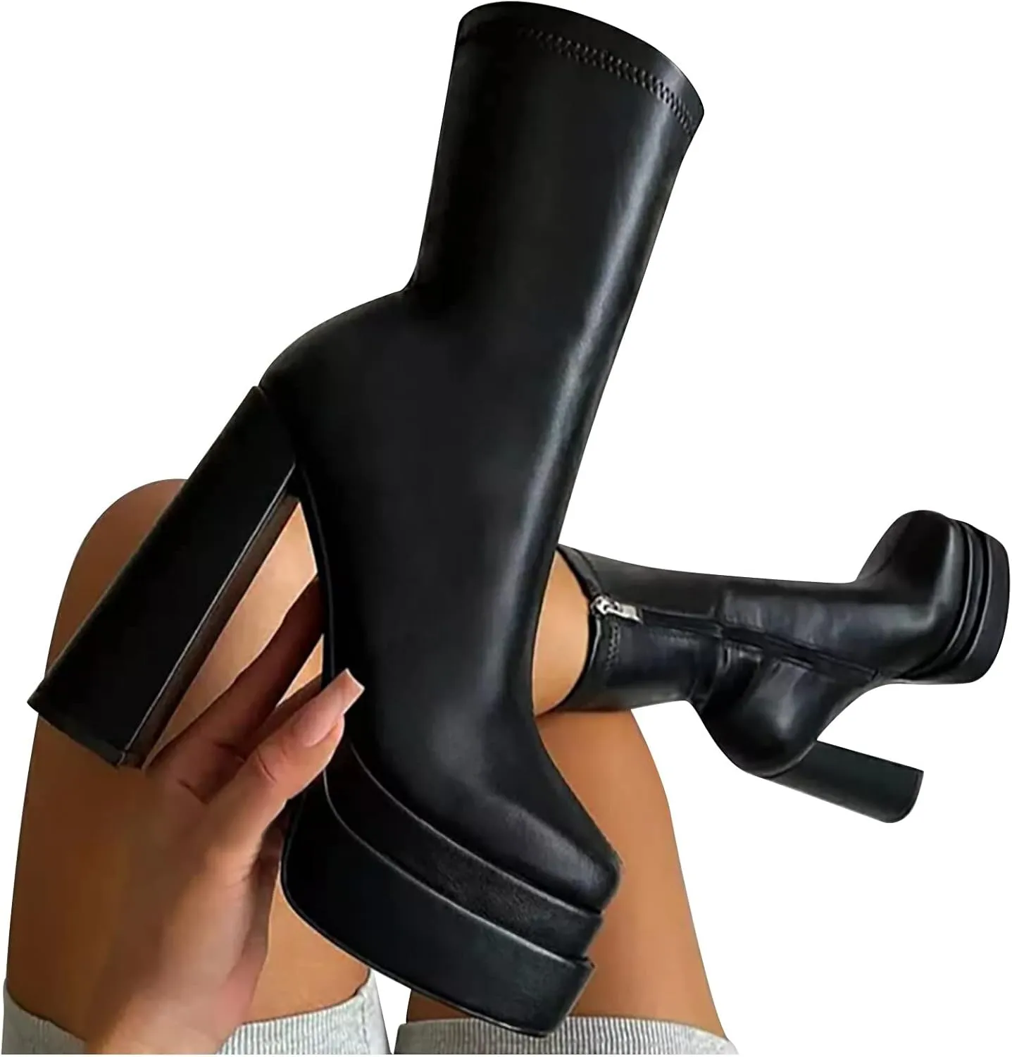 oiangi Platform Boots for Women Chunky Heel Ankle Booties Fashion Square Toe Double Platform Zipper Block High Heel Boots Winter Solid Casual Shoes