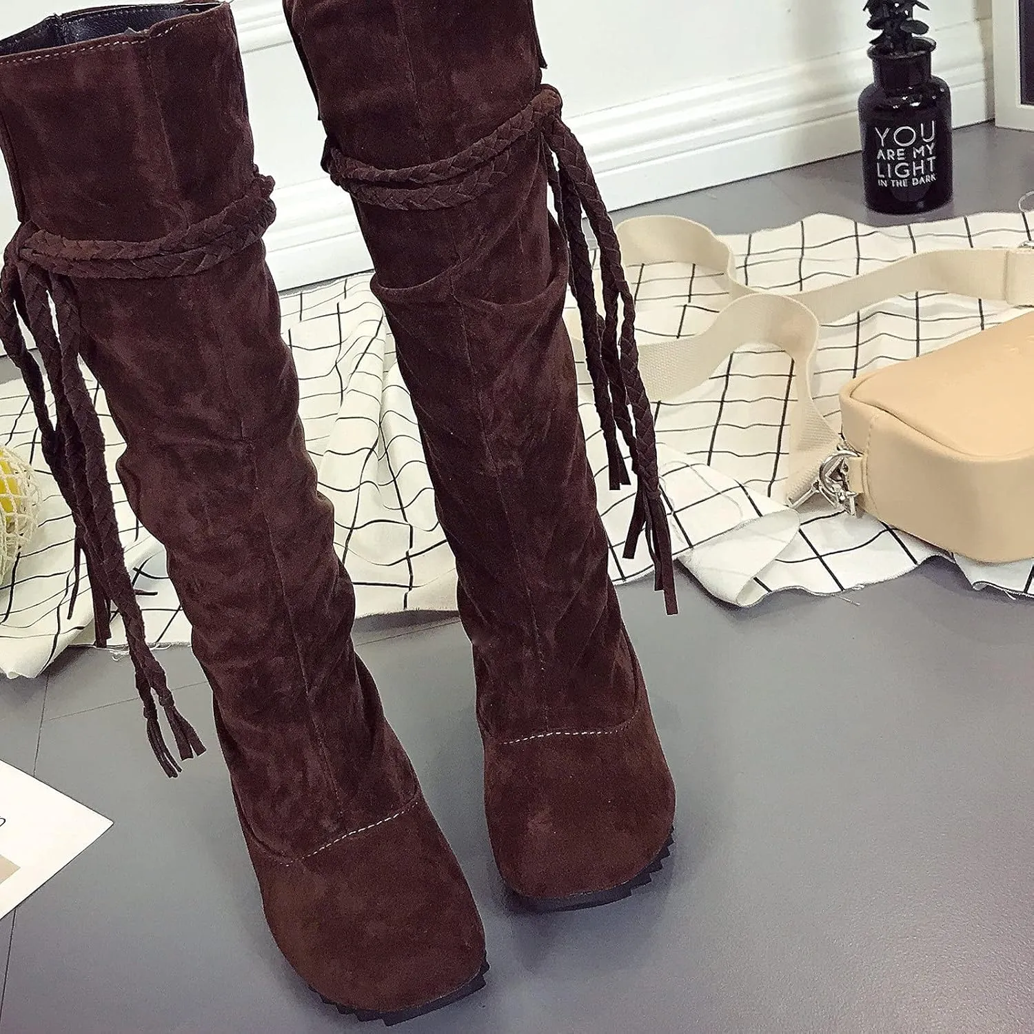 oiangi Womens Platform Knee High Boots - Winter Vintage Frosted Tassel Strap Round Toe Wedges Boots Retro Suede Comfortable Casual Non-slip Shoes
