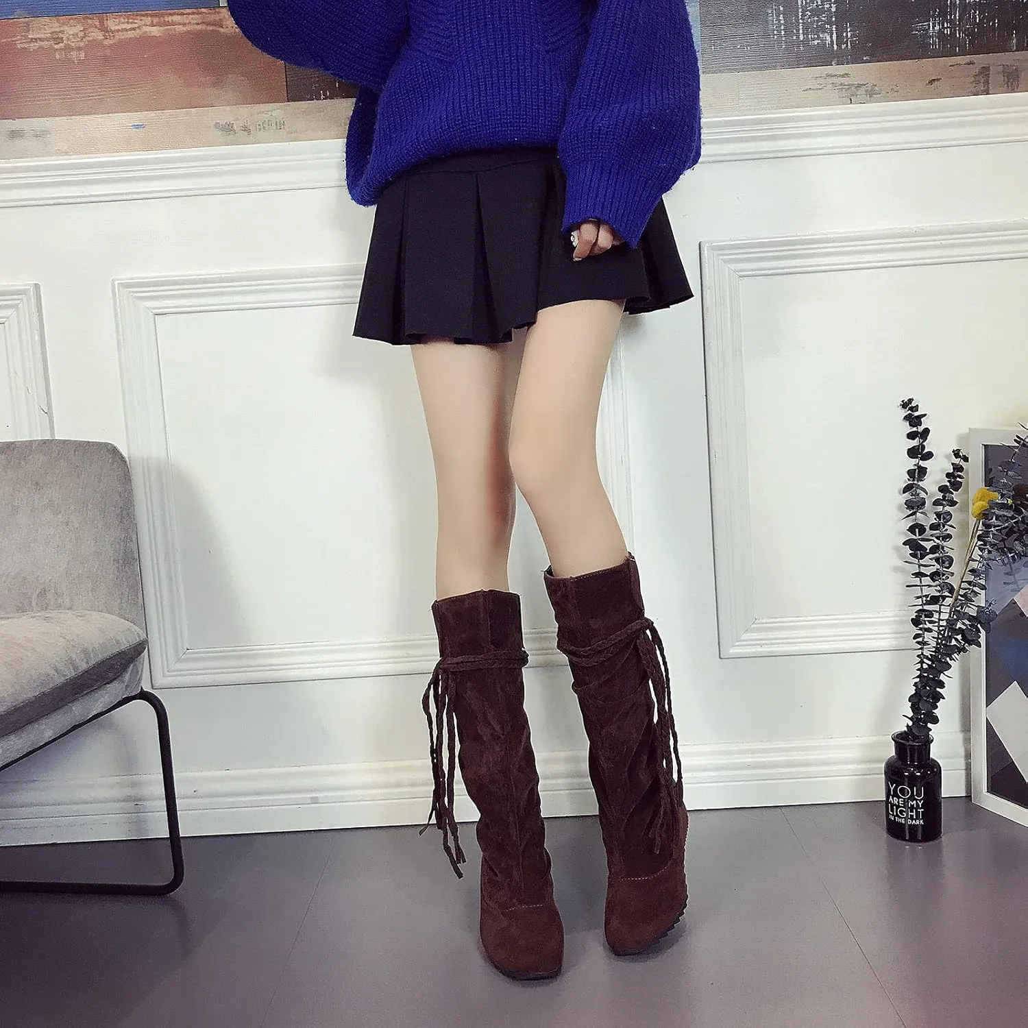 oiangi Womens Platform Knee High Boots - Winter Vintage Frosted Tassel Strap Round Toe Wedges Boots Retro Suede Comfortable Casual Non-slip Shoes