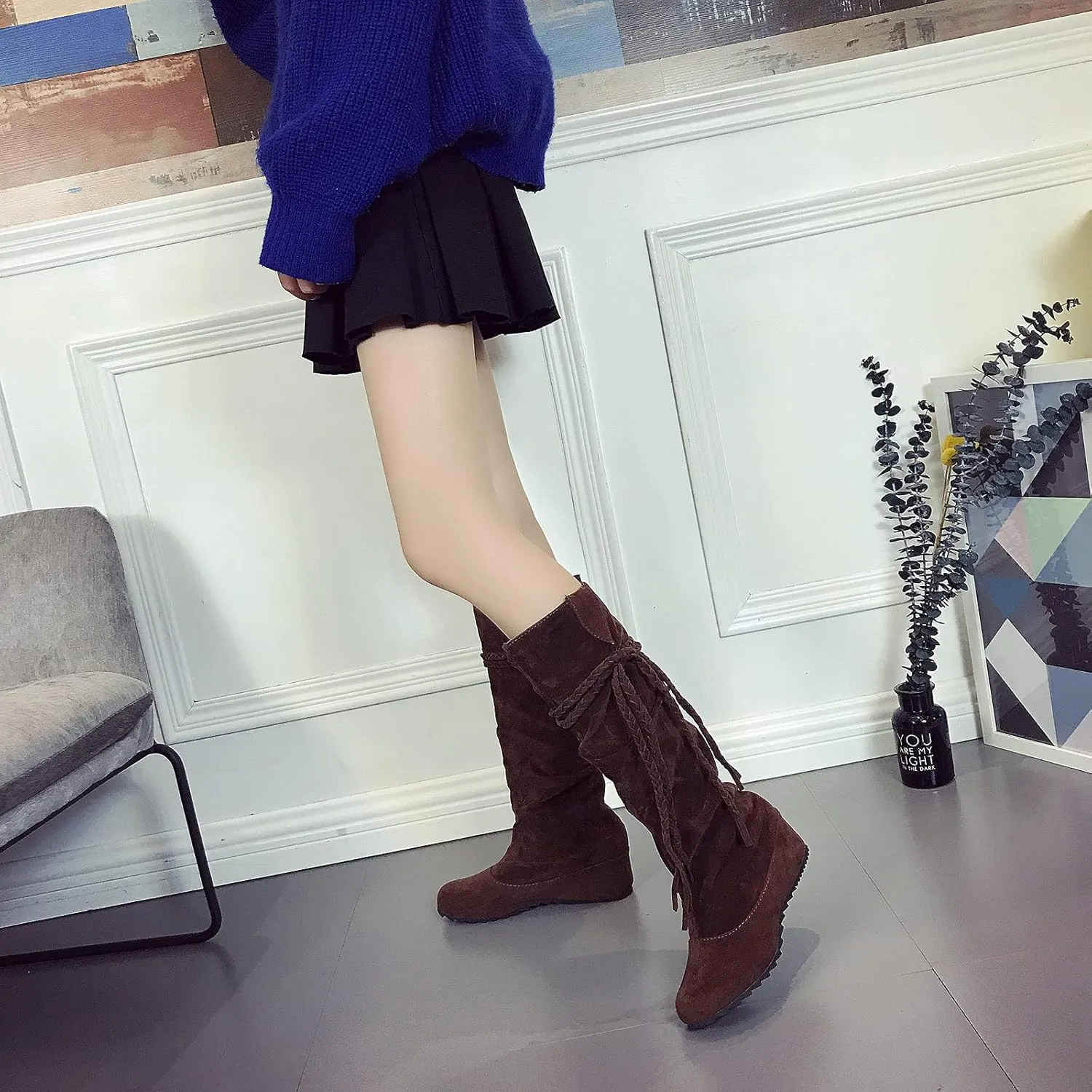 oiangi Womens Platform Knee High Boots - Winter Vintage Frosted Tassel Strap Round Toe Wedges Boots Retro Suede Comfortable Casual Non-slip Shoes