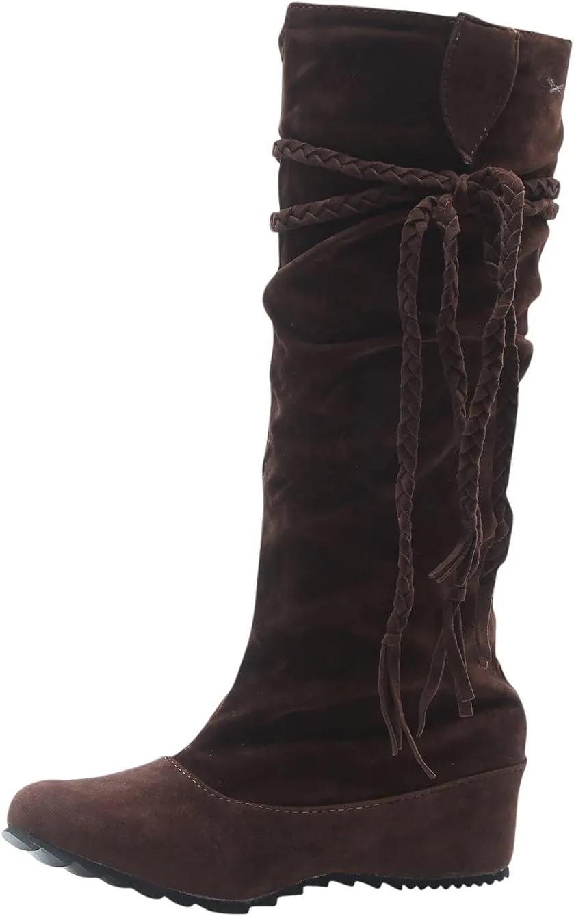 oiangi Womens Platform Knee High Boots - Winter Vintage Frosted Tassel Strap Round Toe Wedges Boots Retro Suede Comfortable Casual Non-slip Shoes