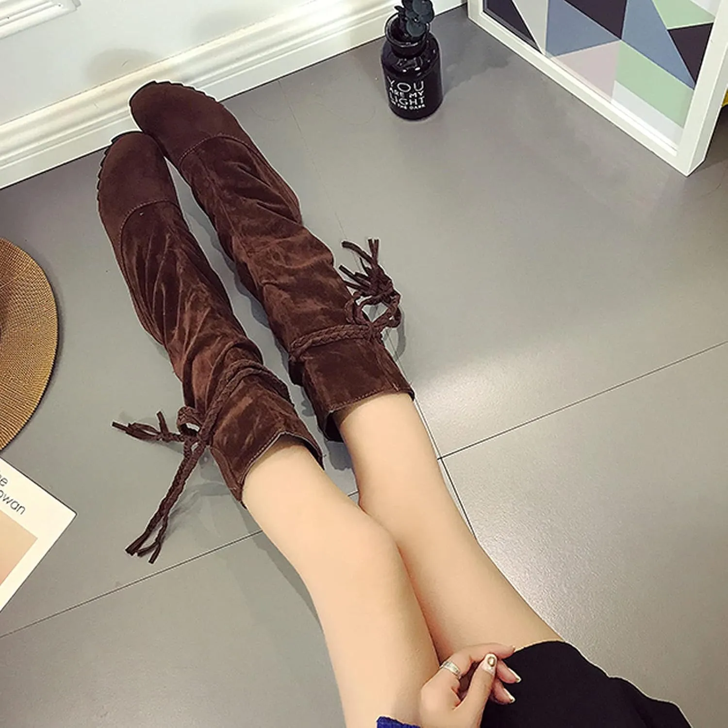 oiangi Womens Platform Knee High Boots - Winter Vintage Frosted Tassel Strap Round Toe Wedges Boots Retro Suede Comfortable Casual Non-slip Shoes