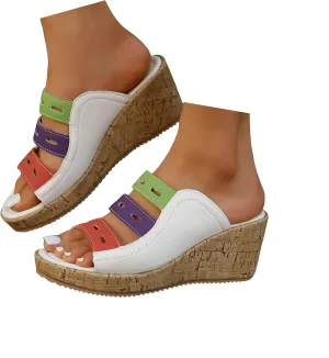 Orthopedic Wedge Sandals For Women Wide Width - Slip On Platform Wedges Slides Slingback Sandals Comfortable Color Block Lady Walking Shoes Casual Beach Open Toe Arch Support Footbed