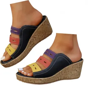 Orthopedic Wedge Sandals For Women Wide Width - Slip On Platform Wedges Slides Slingback Sandals Comfortable Color Block Lady Walking Shoes Casual Beach Open Toe Arch Support Footbed