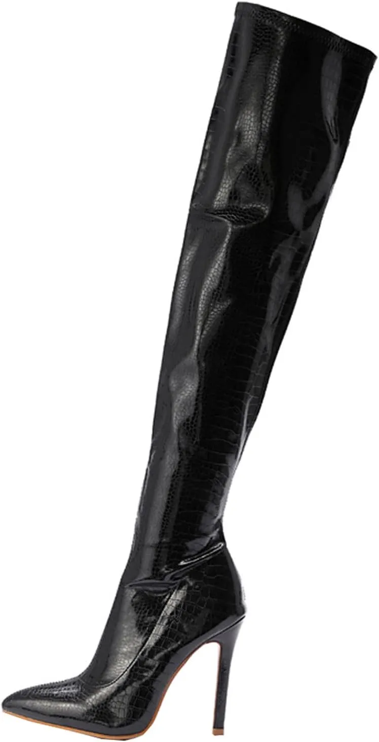 Over the Knee Boots for Women Stilettos Fashion Leather Pointed Toe Side Zipper Thin High Heel Long Boots Solid Casual Comfy Ladies Shoes