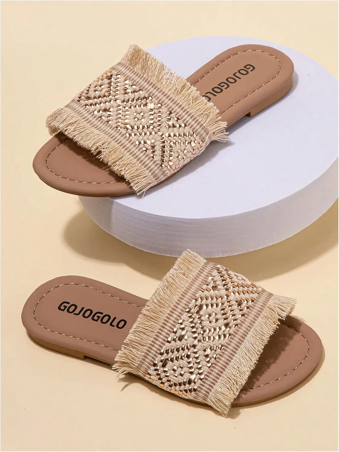 OYOANGLE Girl's Boho Fringe Braided Sandals Open Toe Slip on Summer Flats Vacation Casual Slides