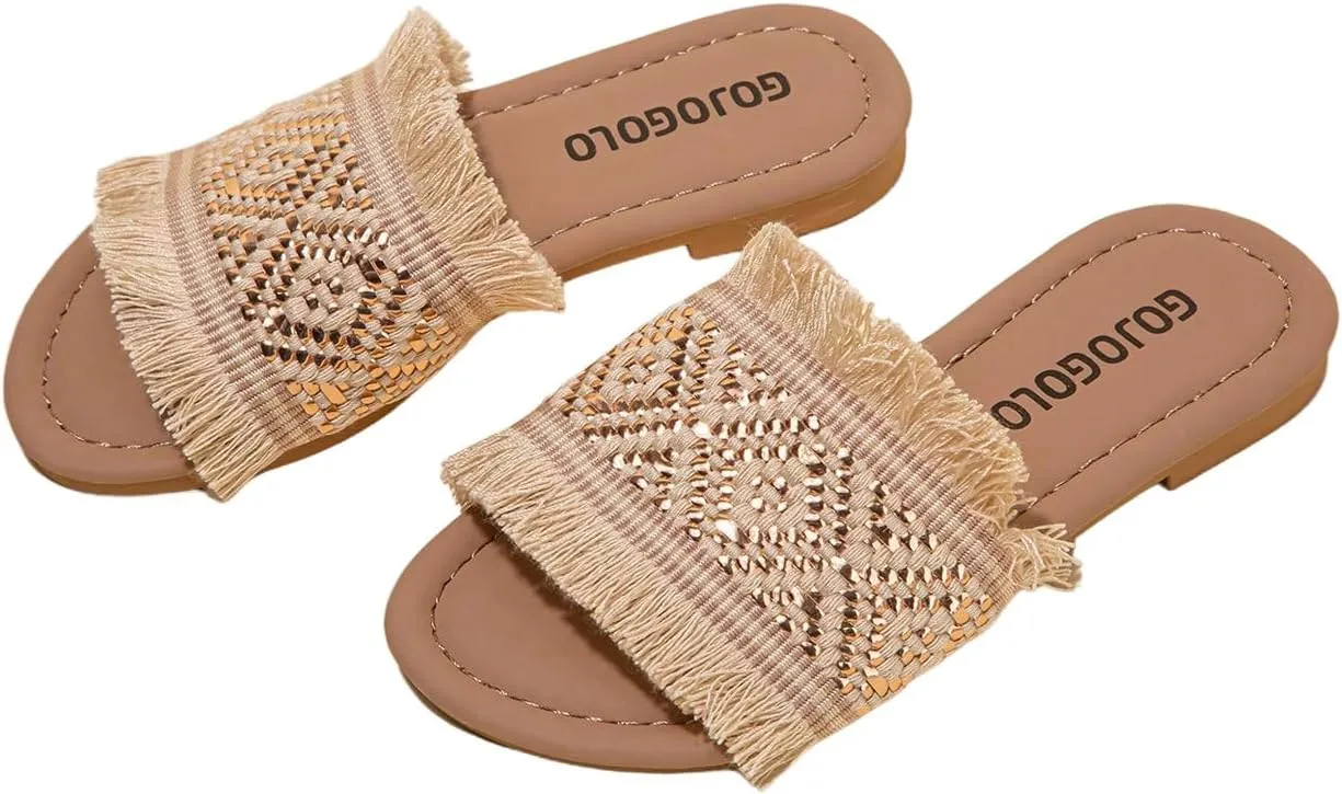 OYOANGLE Girl's Boho Fringe Braided Sandals Open Toe Slip on Summer Flats Vacation Casual Slides