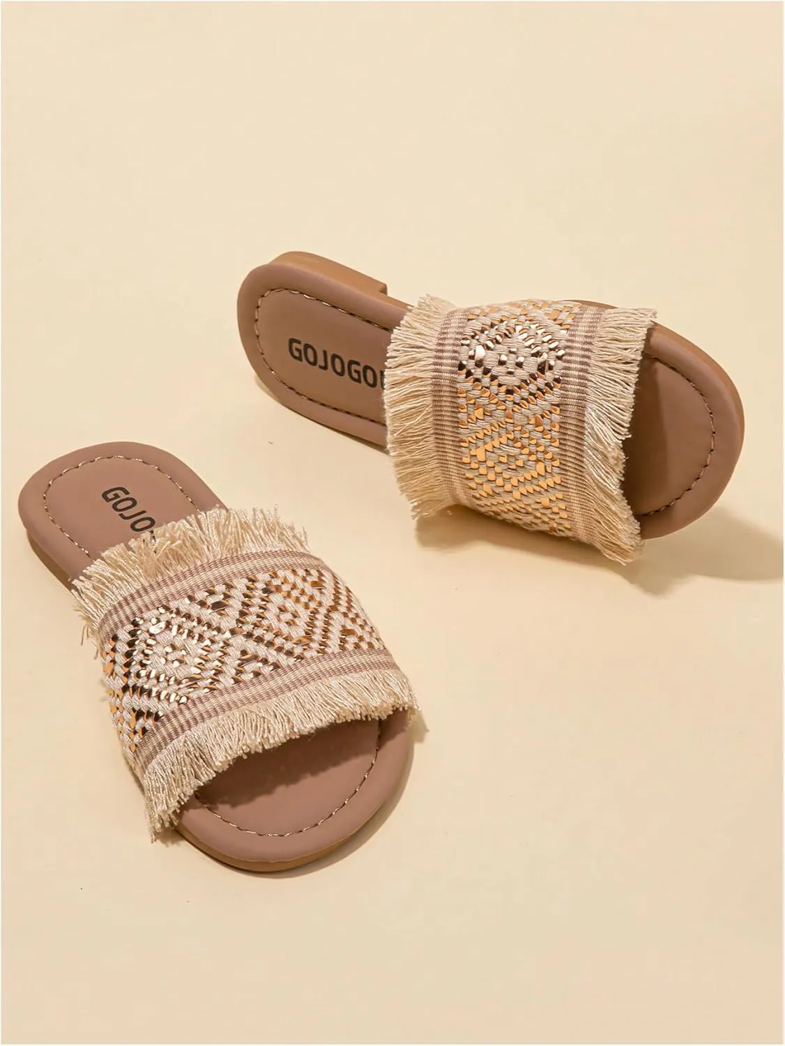 OYOANGLE Girl's Boho Fringe Braided Sandals Open Toe Slip on Summer Flats Vacation Casual Slides
