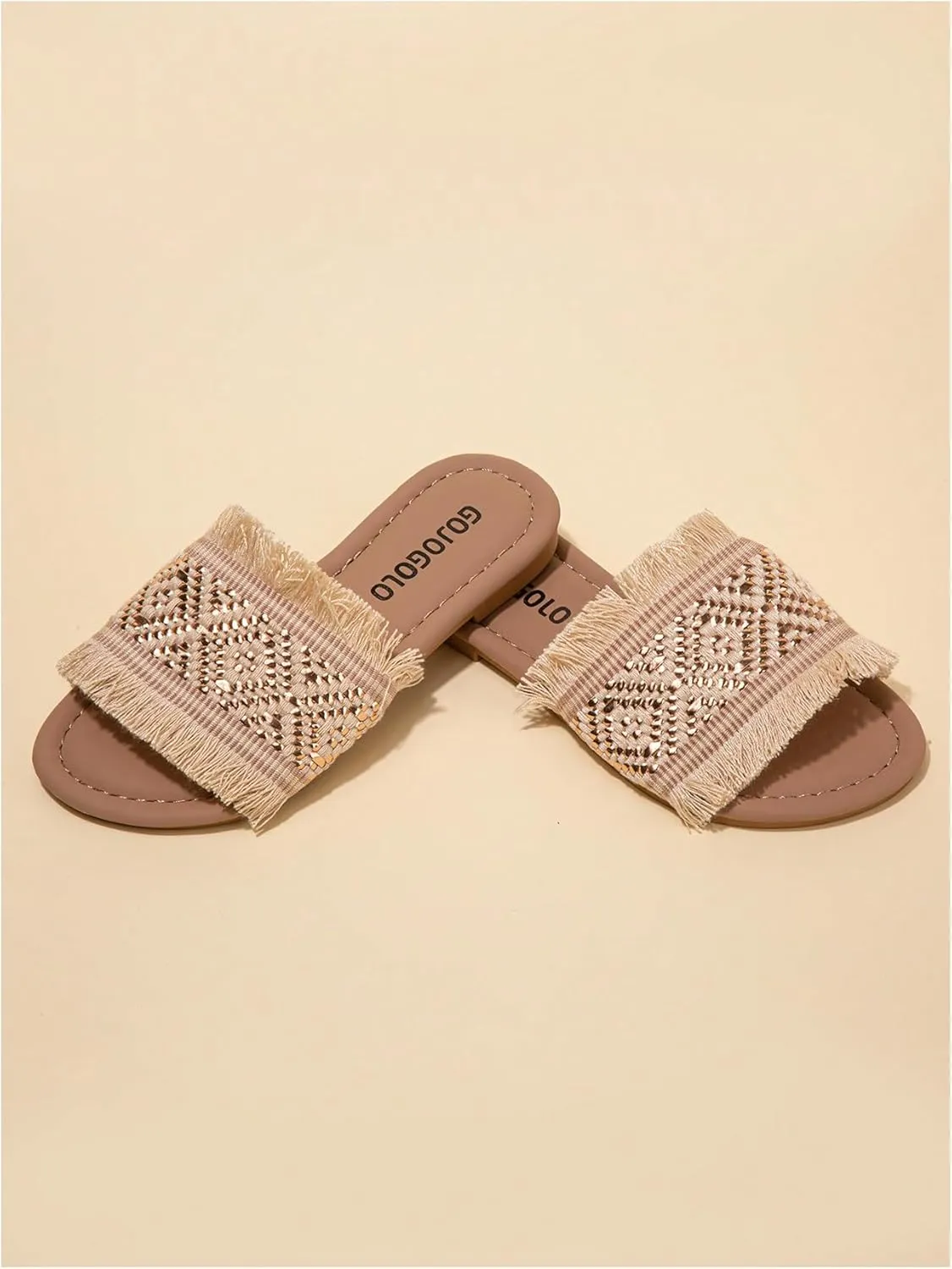 OYOANGLE Girl's Boho Fringe Braided Sandals Open Toe Slip on Summer Flats Vacation Casual Slides