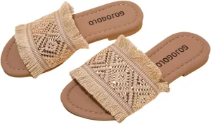 OYOANGLE Girl's Boho Fringe Braided Sandals Open Toe Slip on Summer Flats Vacation Casual Slides