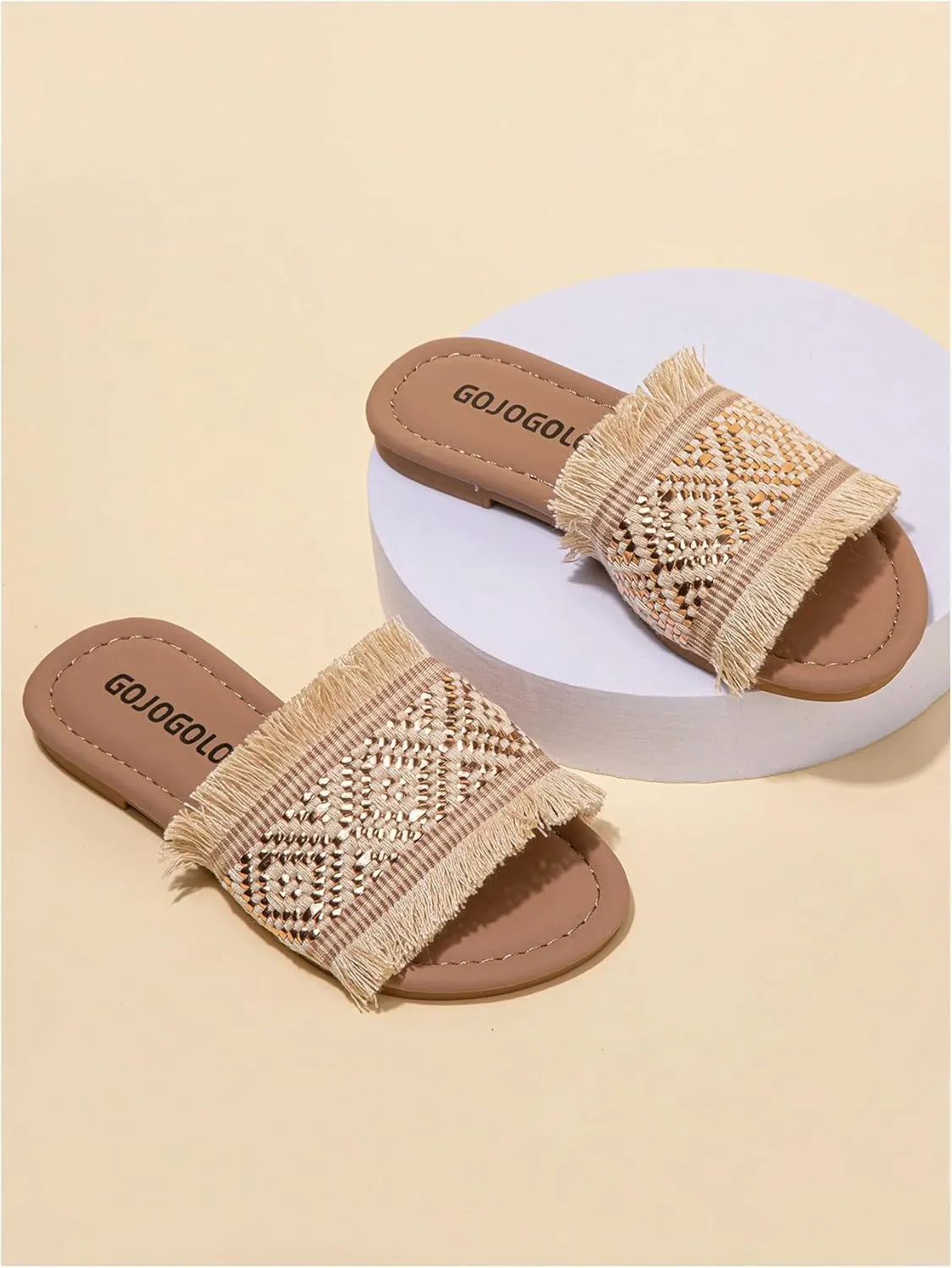 OYOANGLE Girl's Boho Fringe Braided Sandals Open Toe Slip on Summer Flats Vacation Casual Slides