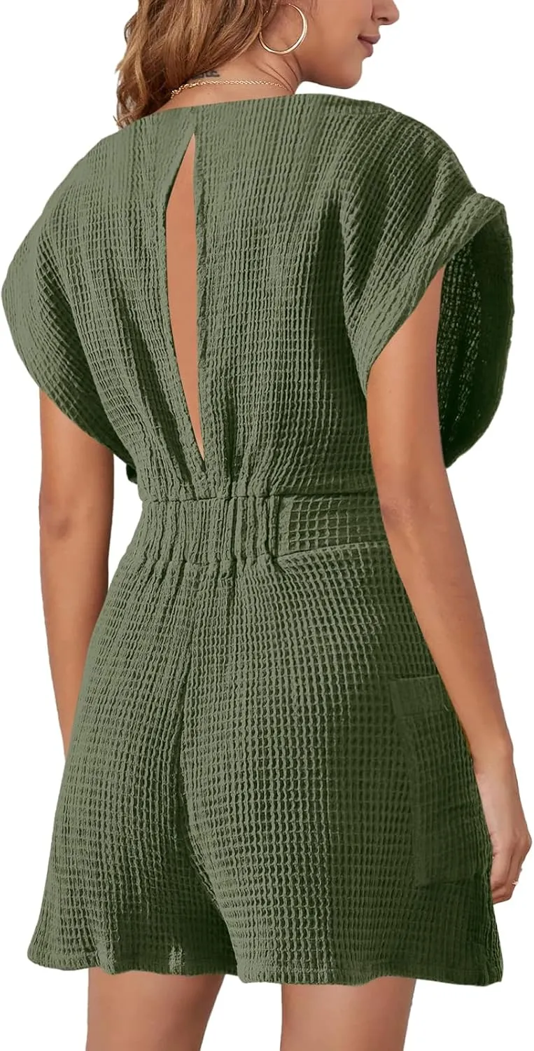 Panadila Womens Summer Casual Rompers Oversized Waffle Knit Loose Jumpsuit Tie Waist One Piece Outfits with Pockets