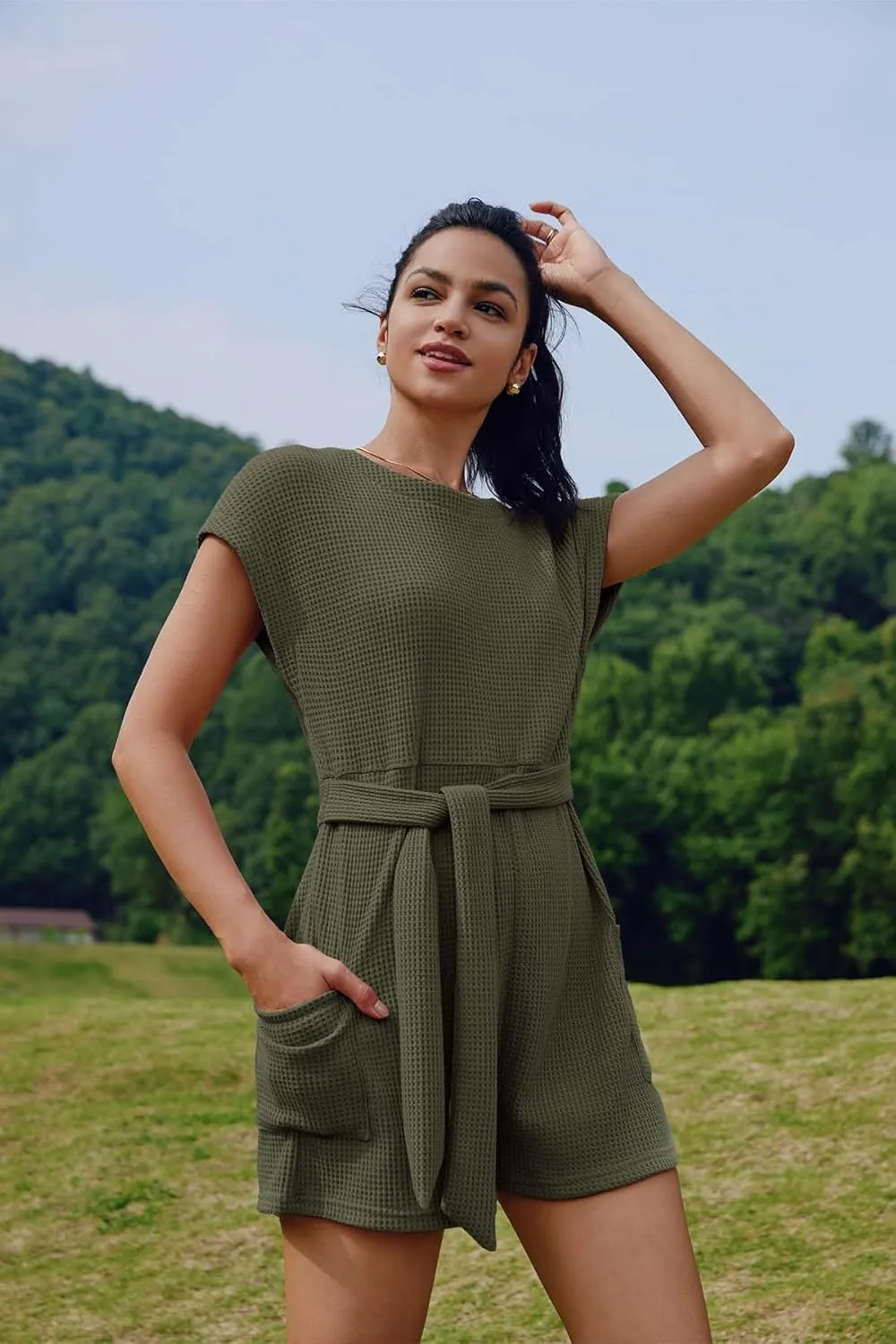 Panadila Womens Summer Casual Rompers Oversized Waffle Knit Loose Jumpsuit Tie Waist One Piece Outfits with Pockets
