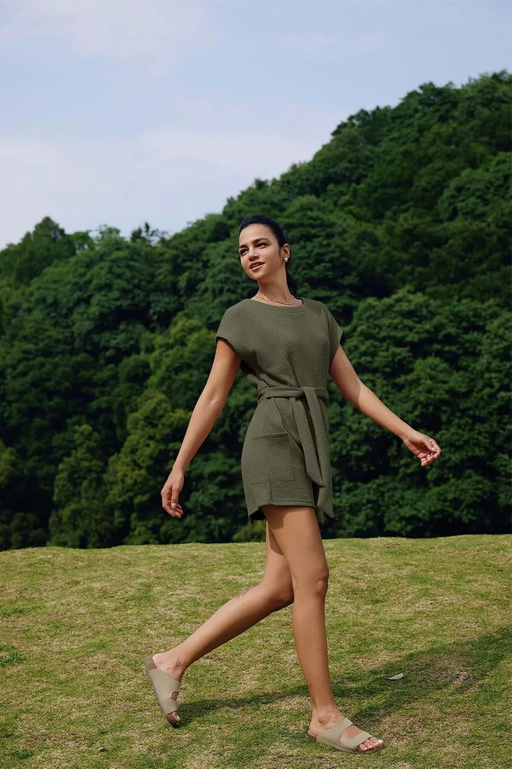 Panadila Womens Summer Casual Rompers Oversized Waffle Knit Loose Jumpsuit Tie Waist One Piece Outfits with Pockets
