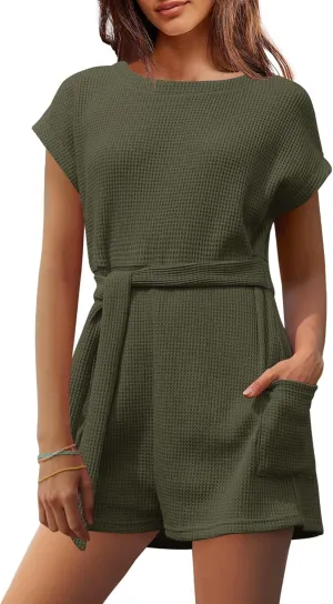 Panadila Womens Summer Casual Rompers Oversized Waffle Knit Loose Jumpsuit Tie Waist One Piece Outfits with Pockets