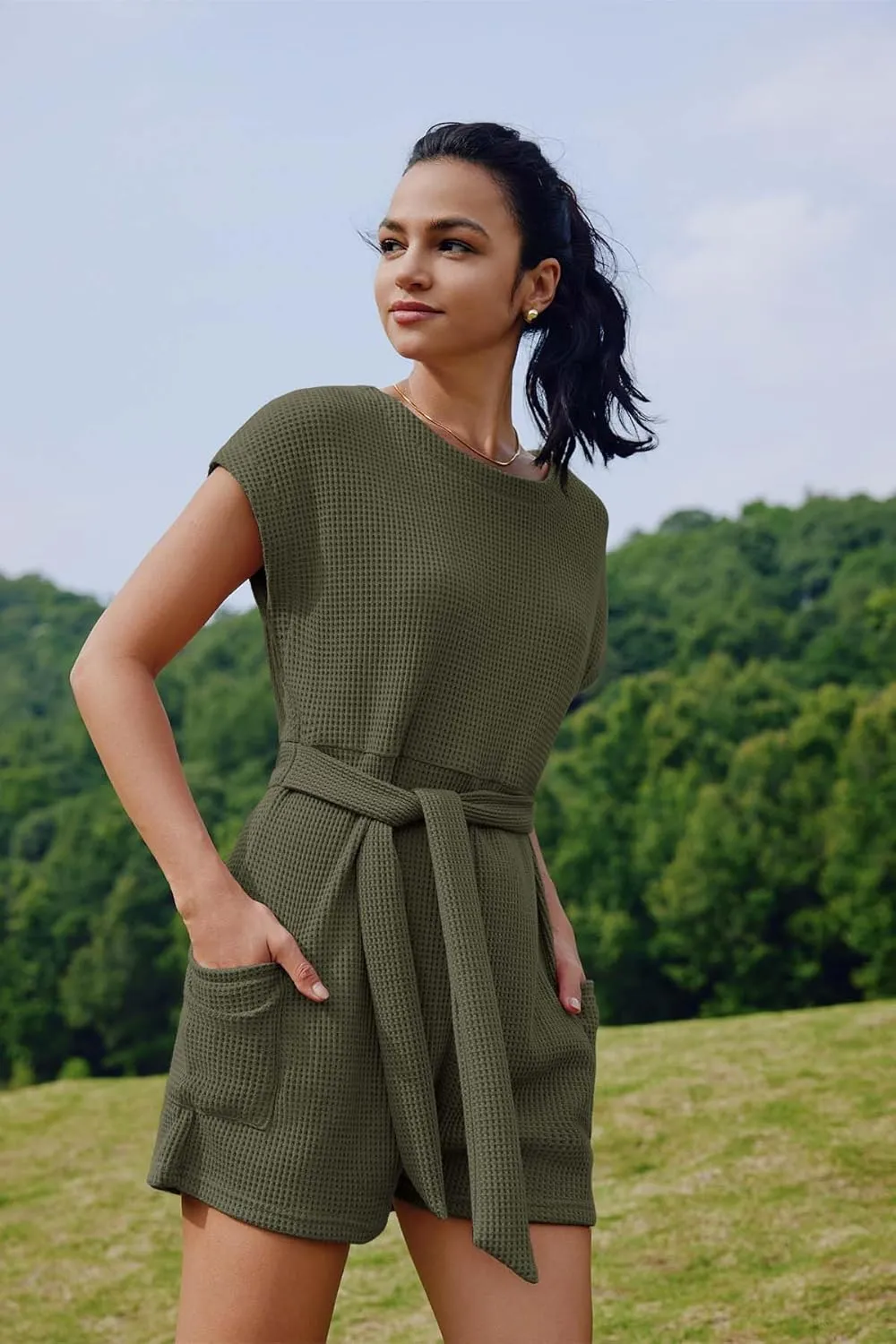 Panadila Womens Summer Casual Rompers Oversized Waffle Knit Loose Jumpsuit Tie Waist One Piece Outfits with Pockets