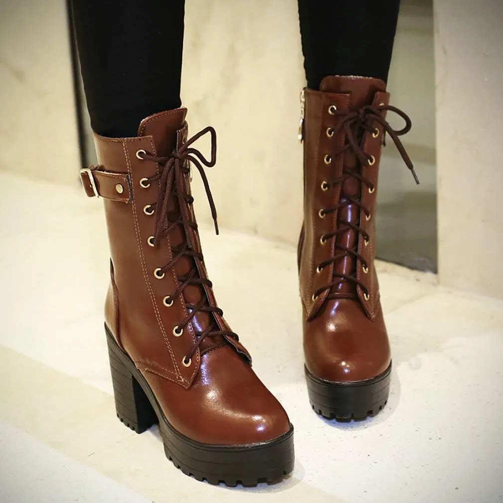 Parisuit Women's Chunky Heel Lace Up Combat Boots Platform High Heel Ankle Boots Goth Buckle Motorcycle Shoes
