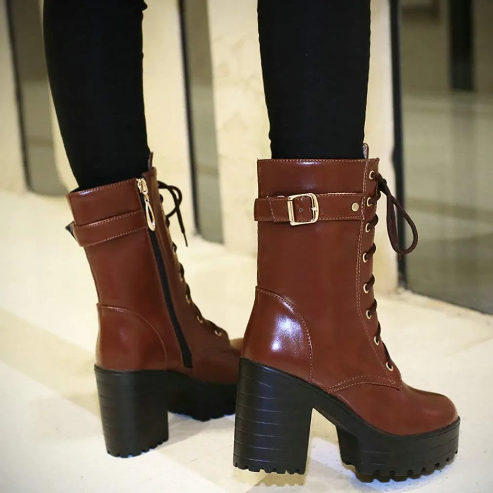 Parisuit Women's Chunky Heel Lace Up Combat Boots Platform High Heel Ankle Boots Goth Buckle Motorcycle Shoes