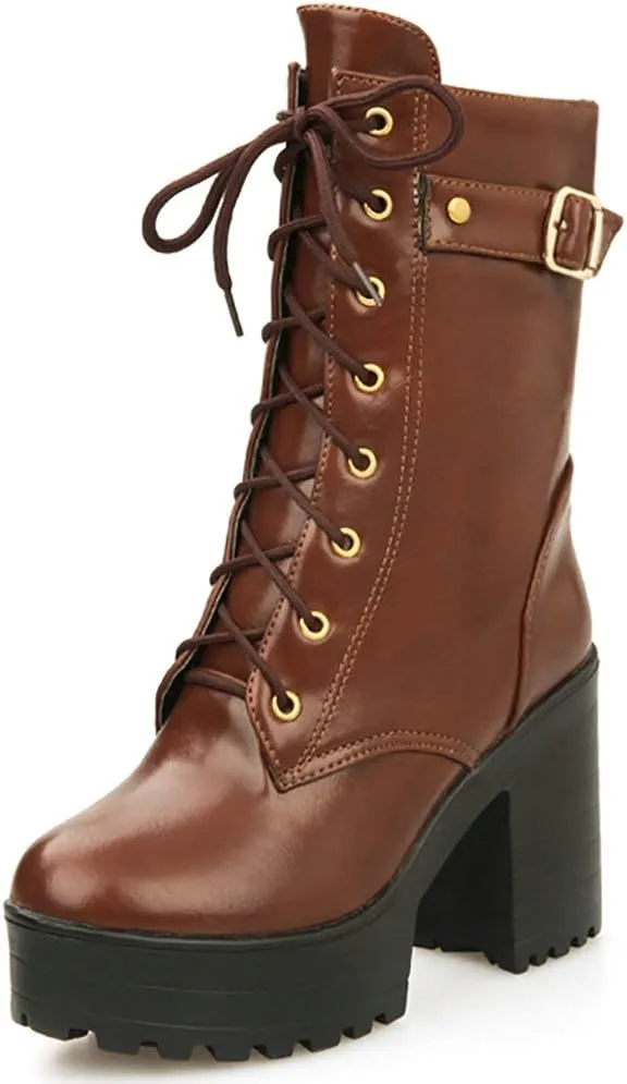 Parisuit Women's Chunky Heel Lace Up Combat Boots Platform High Heel Ankle Boots Goth Buckle Motorcycle Shoes