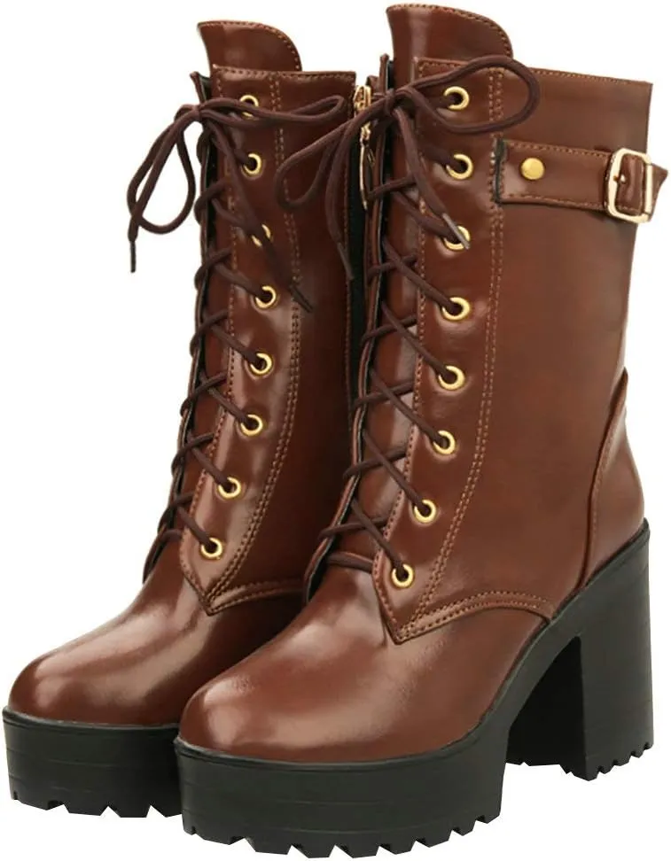 Parisuit Women's Chunky Heel Lace Up Combat Boots Platform High Heel Ankle Boots Goth Buckle Motorcycle Shoes
