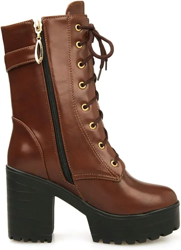 Parisuit Women's Chunky Heel Lace Up Combat Boots Platform High Heel Ankle Boots Goth Buckle Motorcycle Shoes