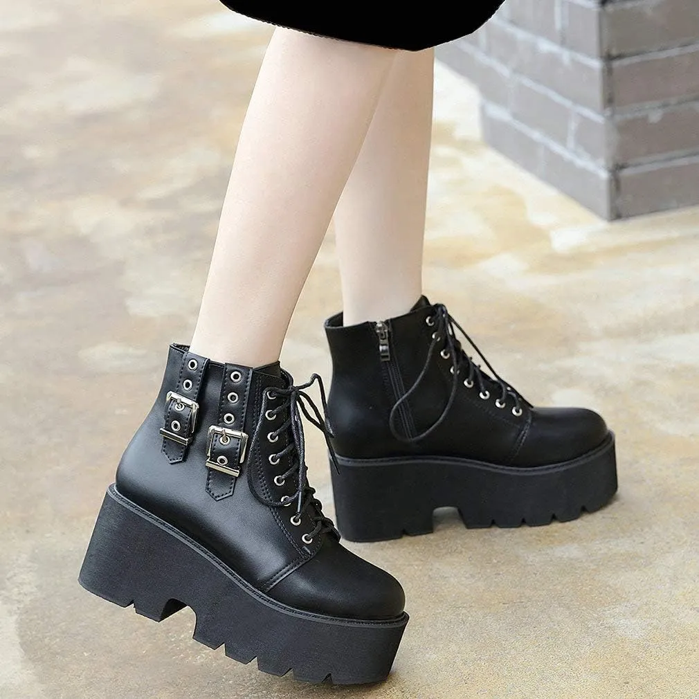 Parisuit Womens Goth Patent Ankle Boots Platform Chunky High Heel Lace Up Combat Boots Punk Short Booties