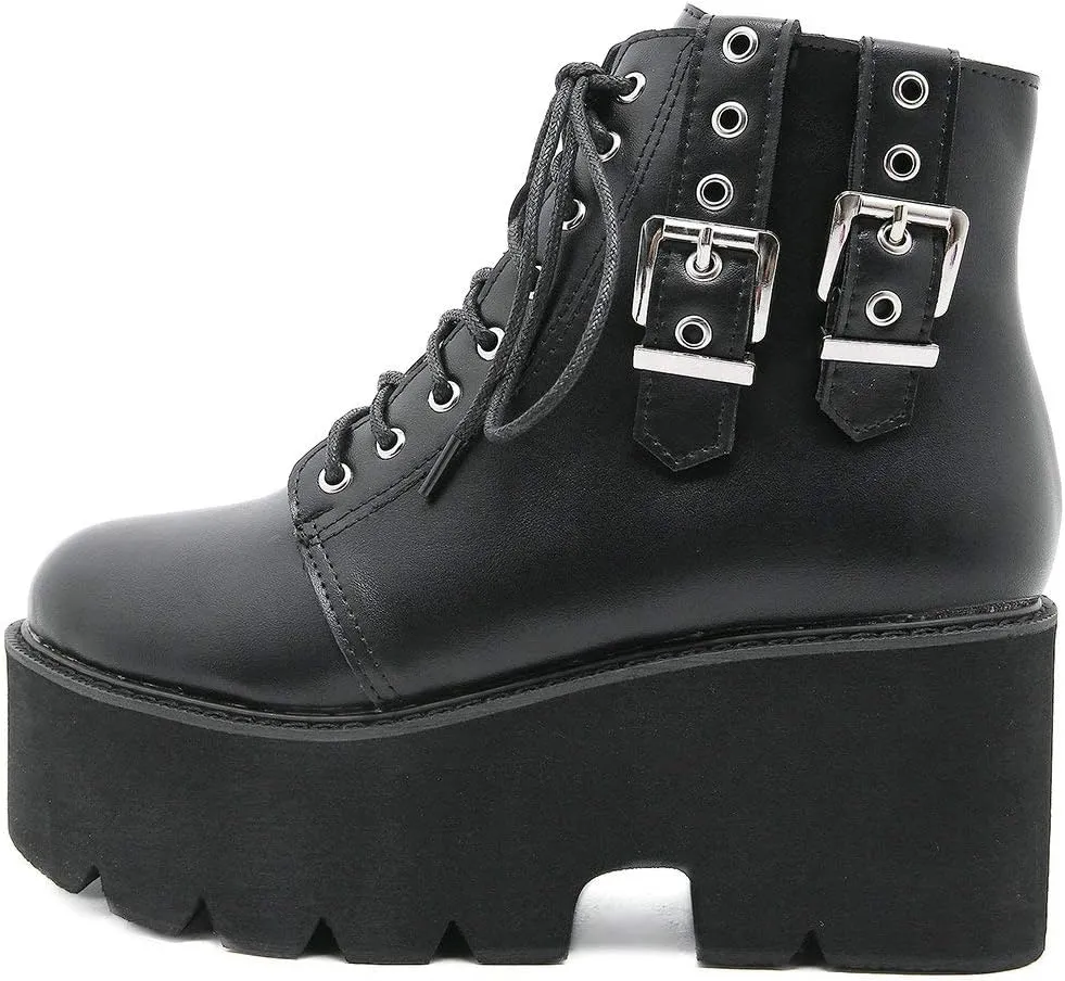 Parisuit Womens Goth Patent Ankle Boots Platform Chunky High Heel Lace Up Combat Boots Punk Short Booties
