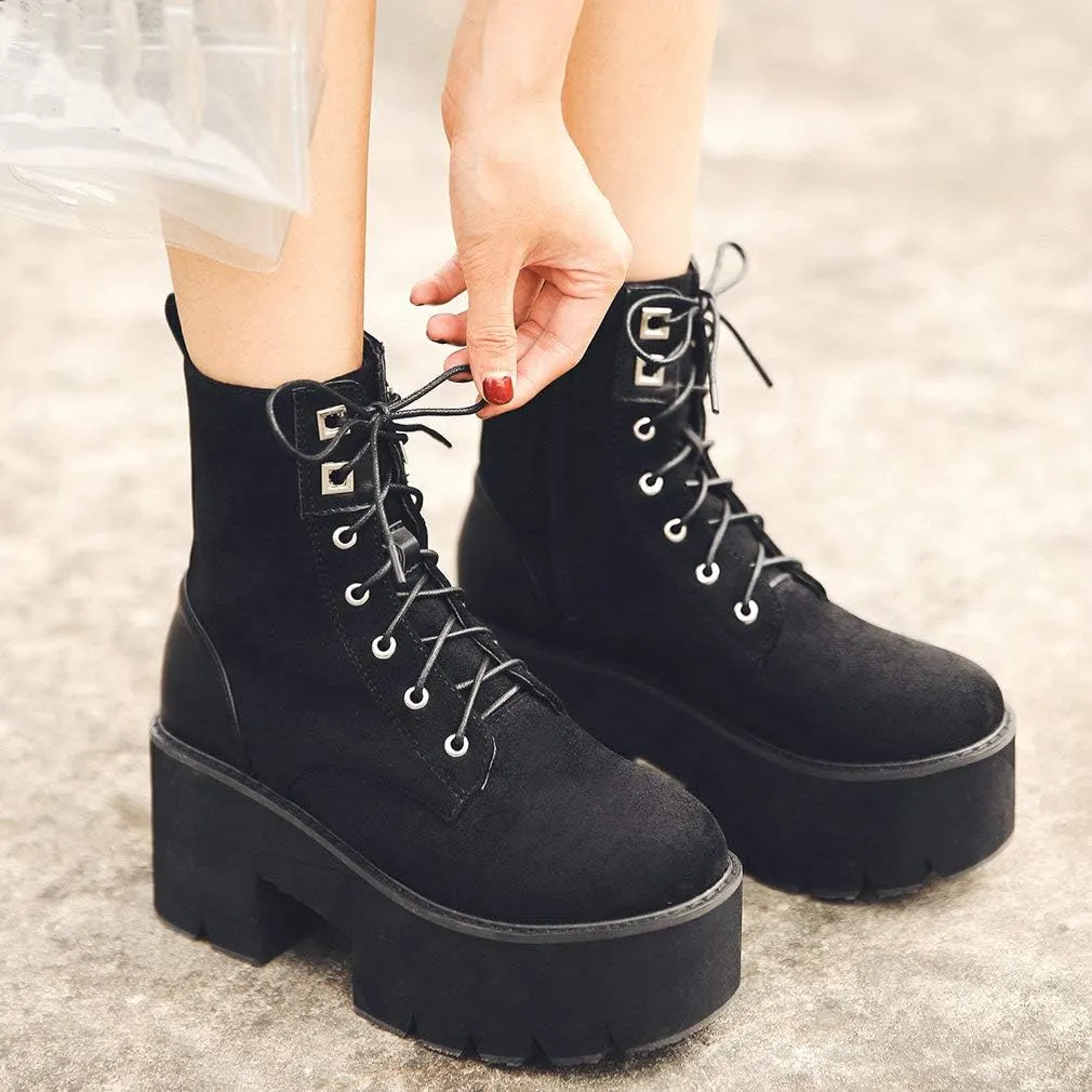 Parisuit Womens Goth Patent Ankle Boots Platform Chunky High Heel Lace Up Combat Boots Punk Short Booties