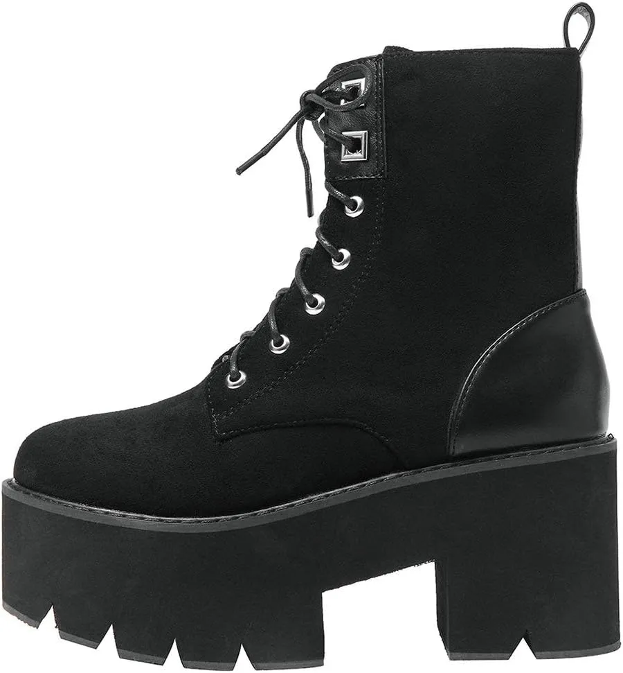 Parisuit Womens Goth Patent Ankle Boots Platform Chunky High Heel Lace Up Combat Boots Punk Short Booties