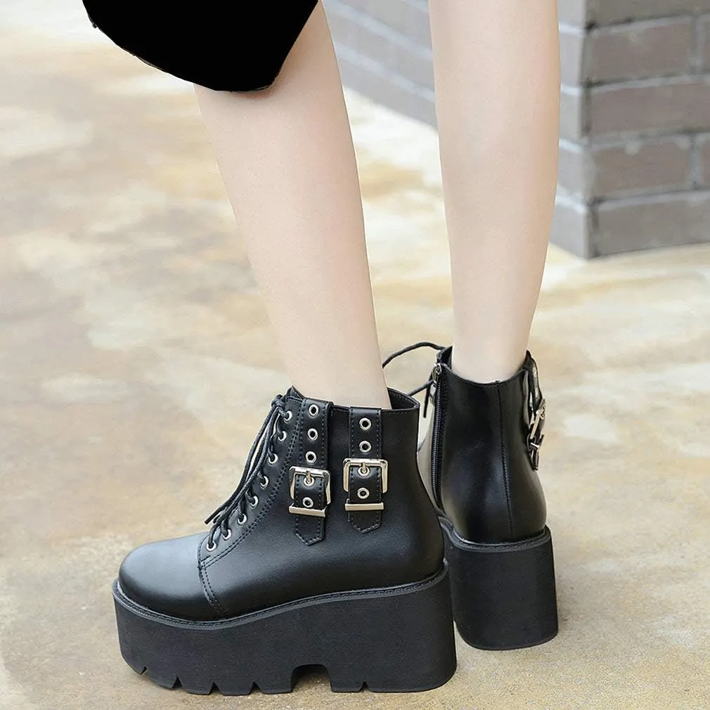 Parisuit Womens Goth Patent Ankle Boots Platform Chunky High Heel Lace Up Combat Boots Punk Short Booties