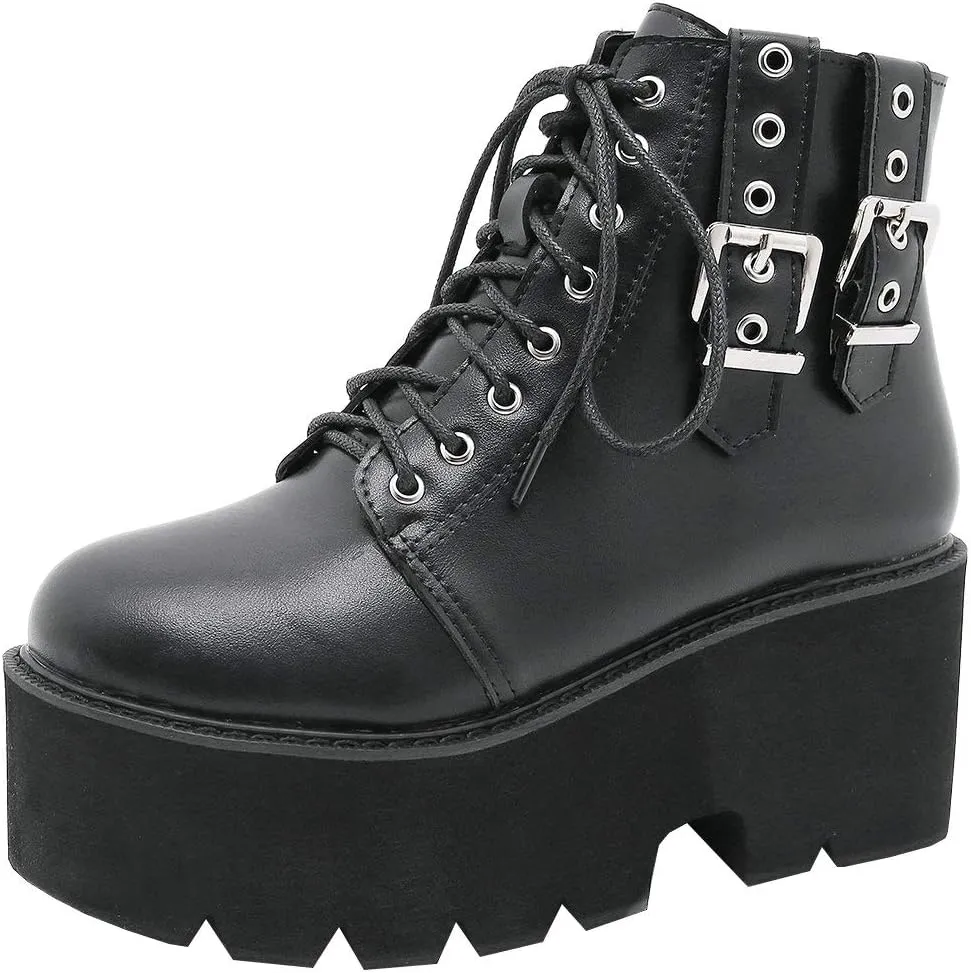 Parisuit Womens Goth Patent Ankle Boots Platform Chunky High Heel Lace Up Combat Boots Punk Short Booties