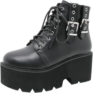 Parisuit Womens Goth Patent Ankle Boots Platform Chunky High Heel Lace Up Combat Boots Punk Short Booties