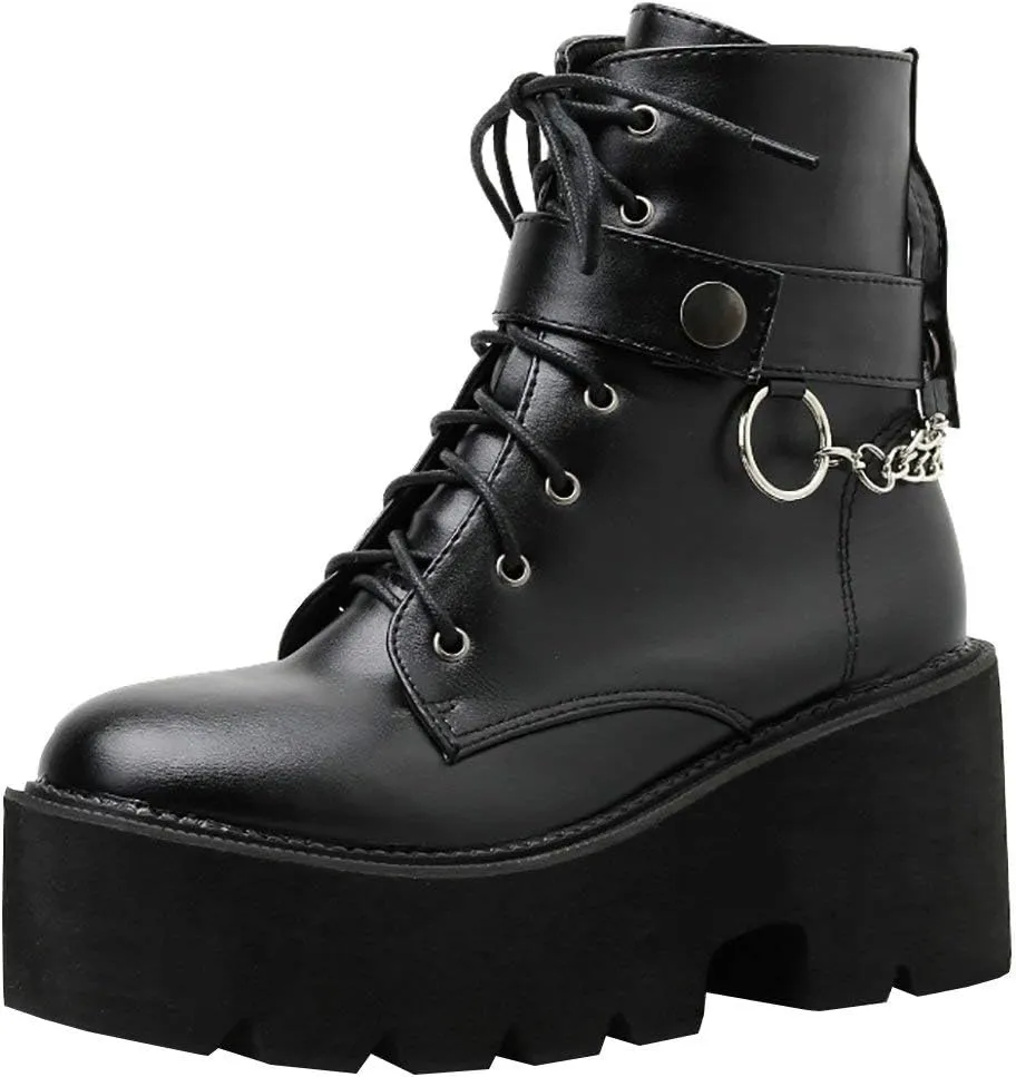 Parisuit Womens Goth Patent Ankle Boots Platform Chunky High Heel Lace Up Combat Boots Punk Short Booties